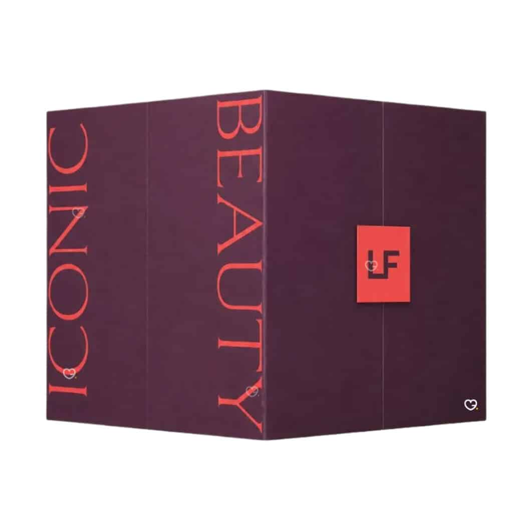 Lookfantastic Beauty Advent Calendar 2026 closed burgundy Iconic Beauty box with red LF logo on a white background