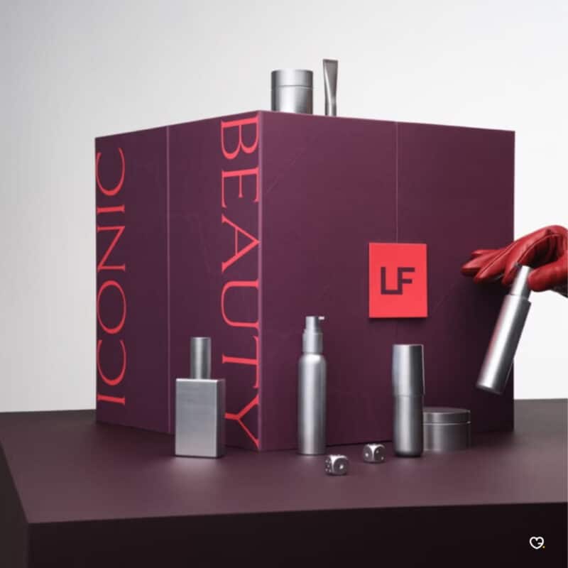 Lookfantastic Beauty Advent Calendar 2026 full-size beauty bottles and lipstick arranged around the box