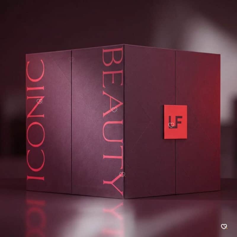 Lookfantastic Beauty Advent Calendar 2026 closed box in a deep red festive setting