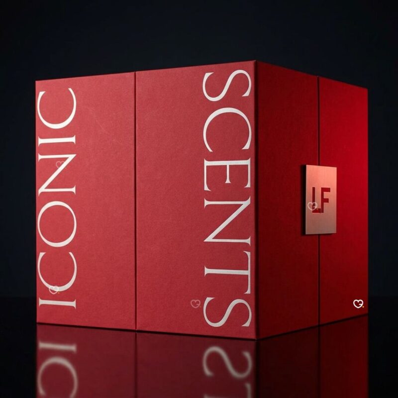 Lookfantastic Fragrance Advent Calendar 2026, closed red box, angled view on dark reflective background