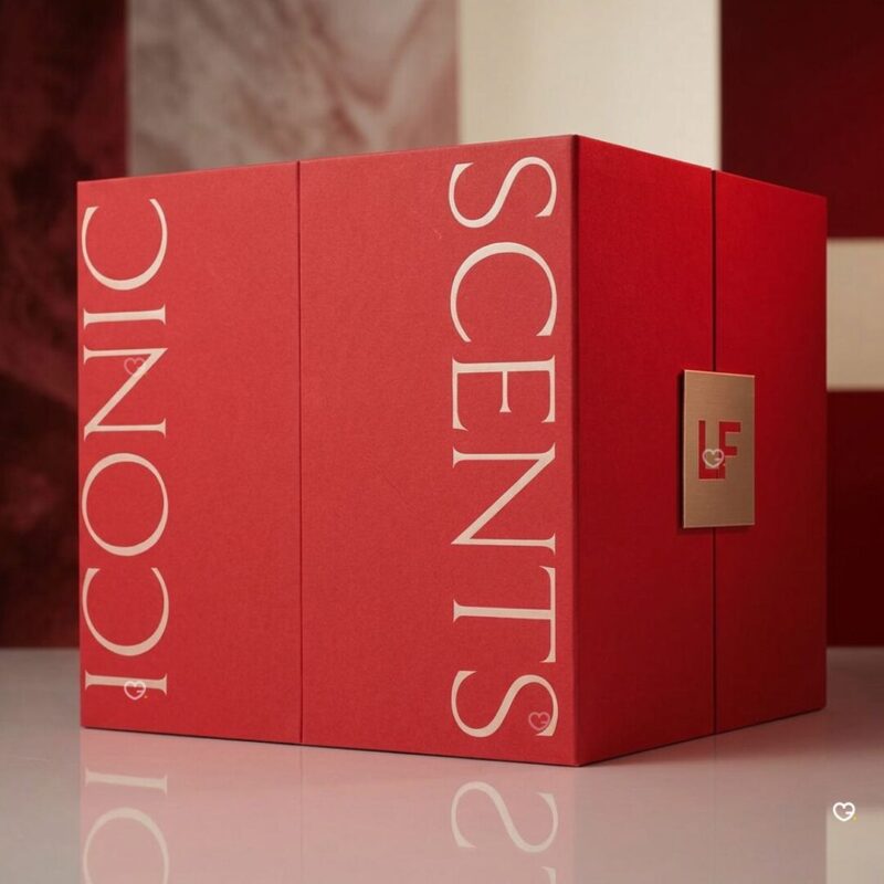 Lookfantastic Fragrance Advent Calendar 2026, closed red luxury box with gold LF clasp detail