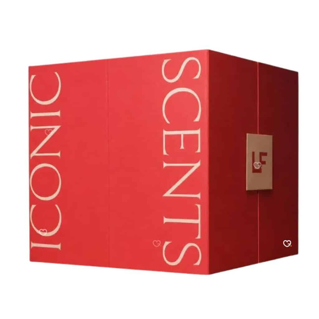 Lookfantastic Fragrance Advent Calendar 2026, closed red gift box with gold LF clasp and Iconic Scents lettering