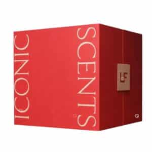 Lookfantastic Fragrance Advent Calendar 2026, closed red gift box with gold LF clasp and Iconic Scents lettering