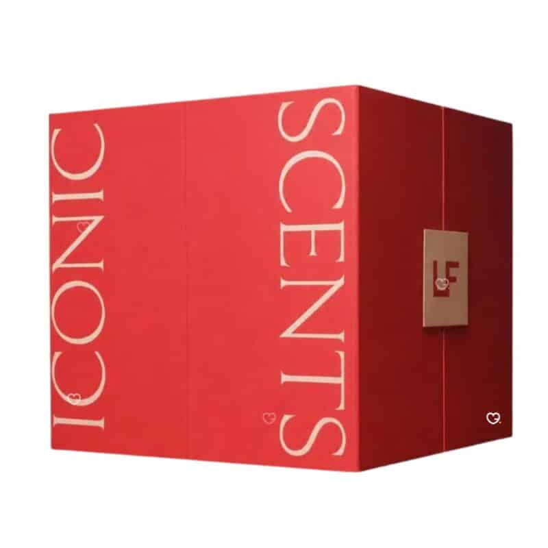 Lookfantastic Fragrance Advent Calendar 2026, closed red gift box with gold LF clasp and Iconic Scents lettering