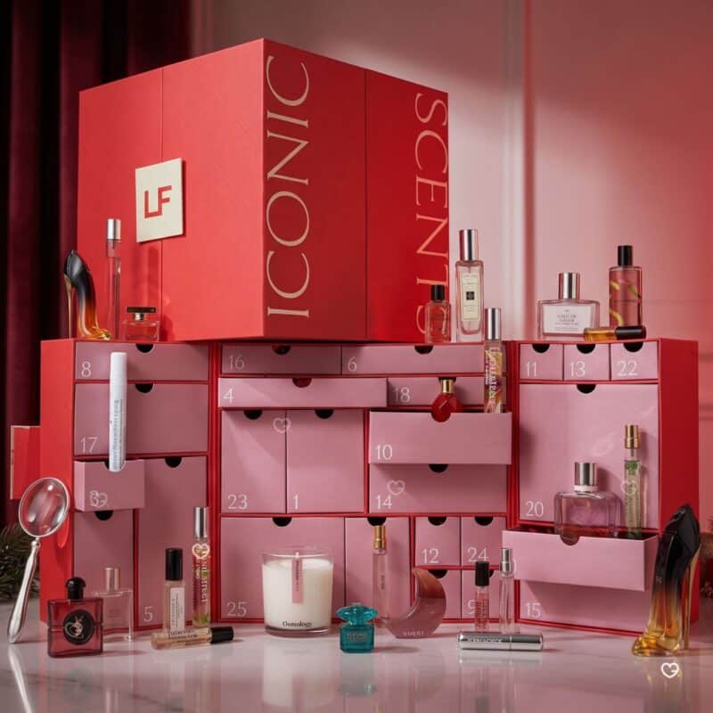Lookfantastic Fragrance Advent Calendar 2026, Iconic Scents red box above the open drawers in a festive setting