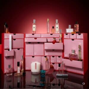 Lookfantastic Fragrance Advent Calendar 2026, all 25 drawers open with the perfume selection on top against a red background