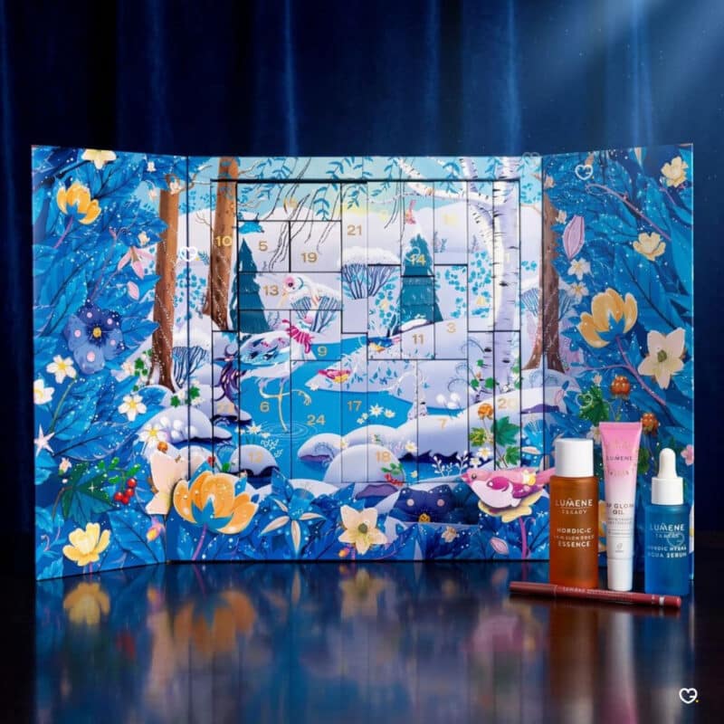 Lumene Advent Calendar 2026 open panel with Nordic winter landscape artwork