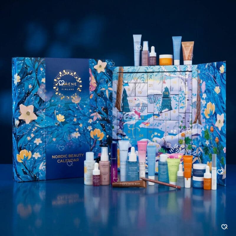 Lumene beauty advent calendar 2026 three-quarter view with skincare and makeup minis