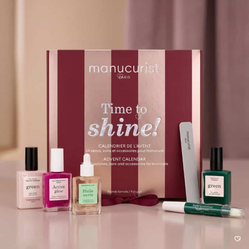 Manucurist Advent Calendar 2026 with Top Coat Sunshine, Active Glow, Huile Verte and Emerald green polish