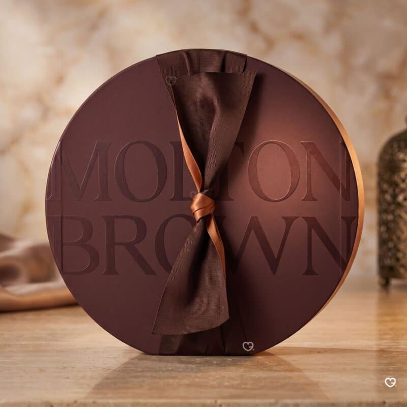 Molton Brown Advent Calendar 2026 closed round box standing on a marble surface