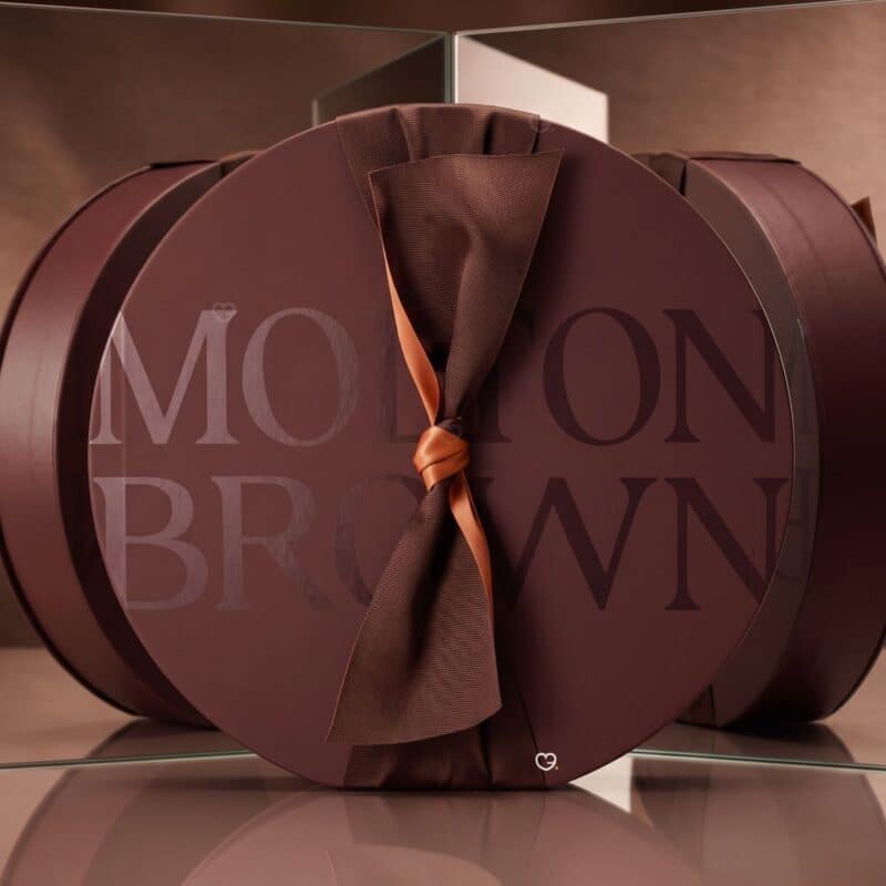 Molton Brown Advent Calendar 2026 round gift box reflected in a mirrored studio setup
