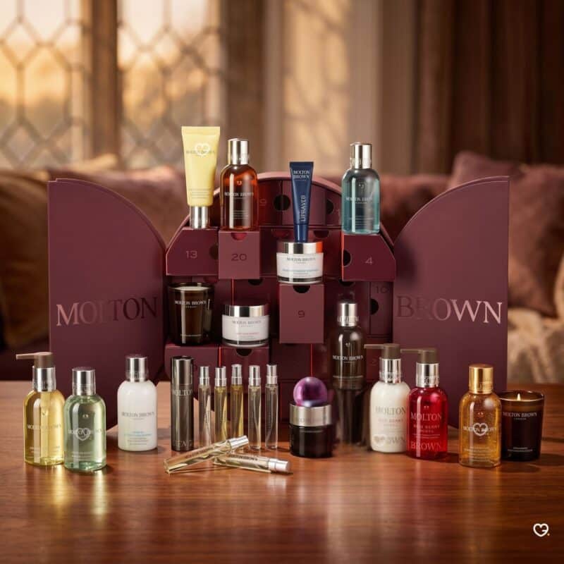 Molton Brown luxury beauty advent calendar 2026 full contents displayed in a cosy living room