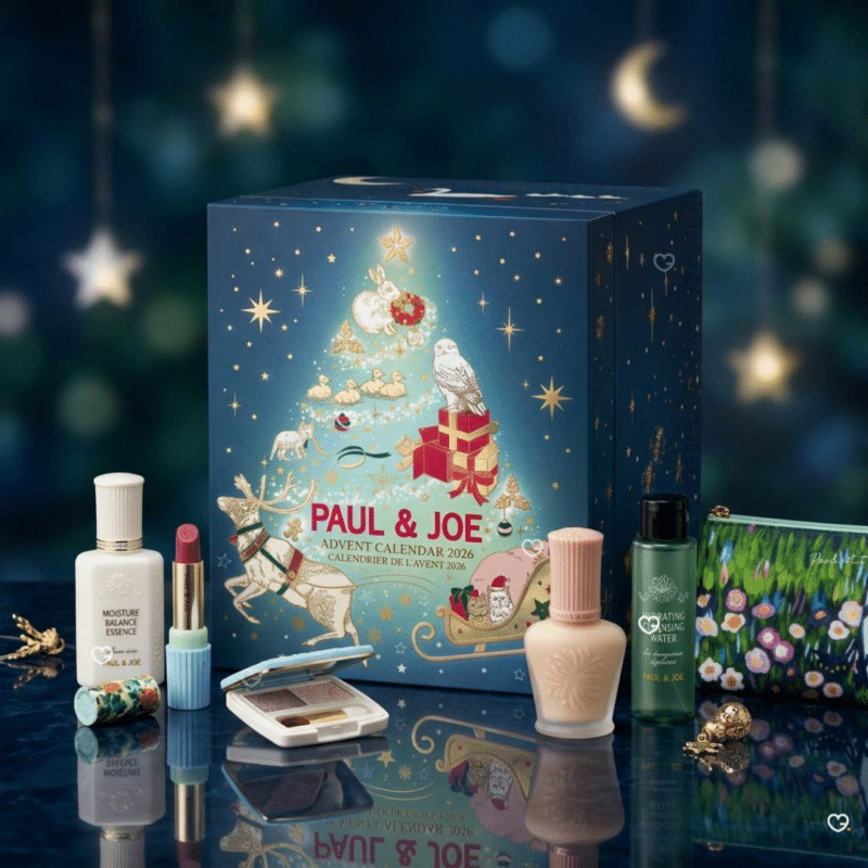 Paul & Joe Advent Calendar 2026 navy box surrounded by makeup and skincare products