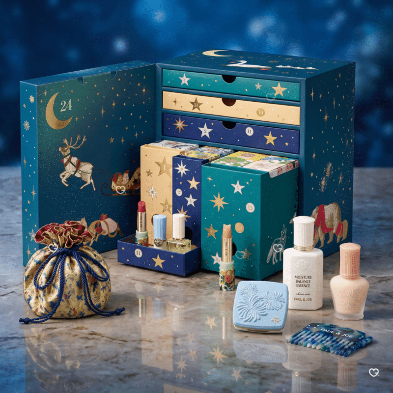Paul & Joe Advent Calendar 2026 open drawers with makeup, skincare and a drawstring pouch