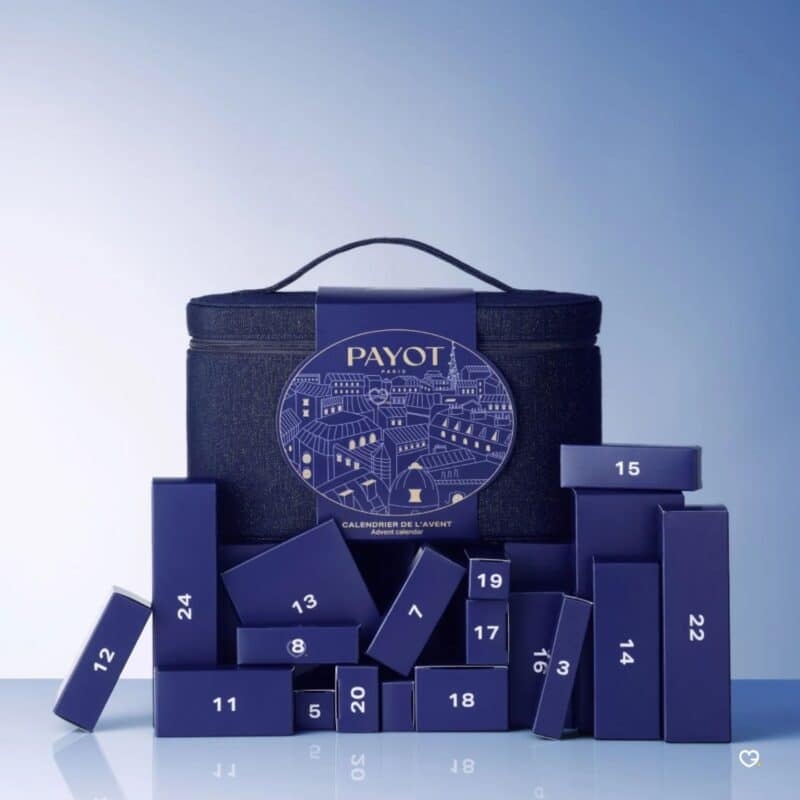 Payot Advent Calendar 2026, 24 numbered doors in front of the denim vanity case