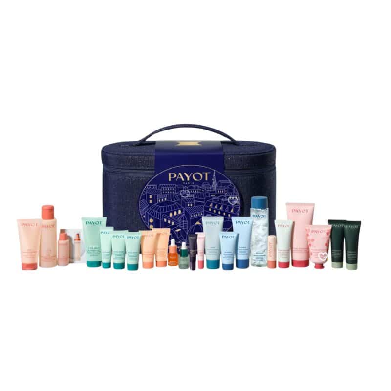 Full contents of the Payot Advent Calendar 2026, 24 skincare products on white