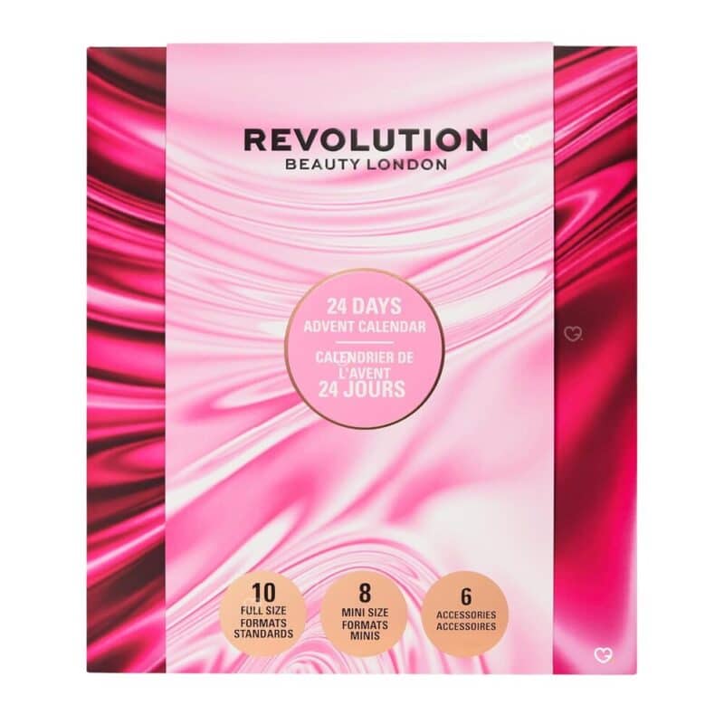 Revolution Beauty Advent Calendar 2026 closed box, pink and white packaging