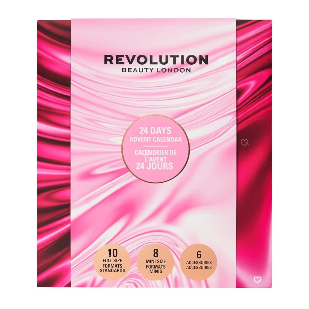 Revolution Beauty Advent Calendar 2026 closed box, pink and white packaging