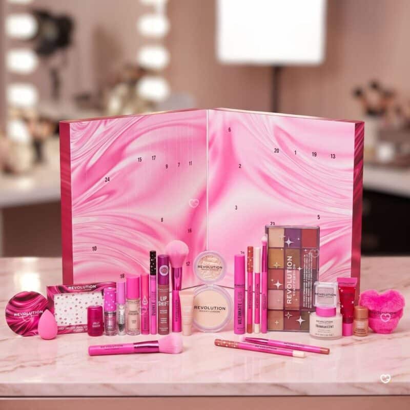 Revolution Beauty 2026 beauty advent calendar open on a makeup vanity