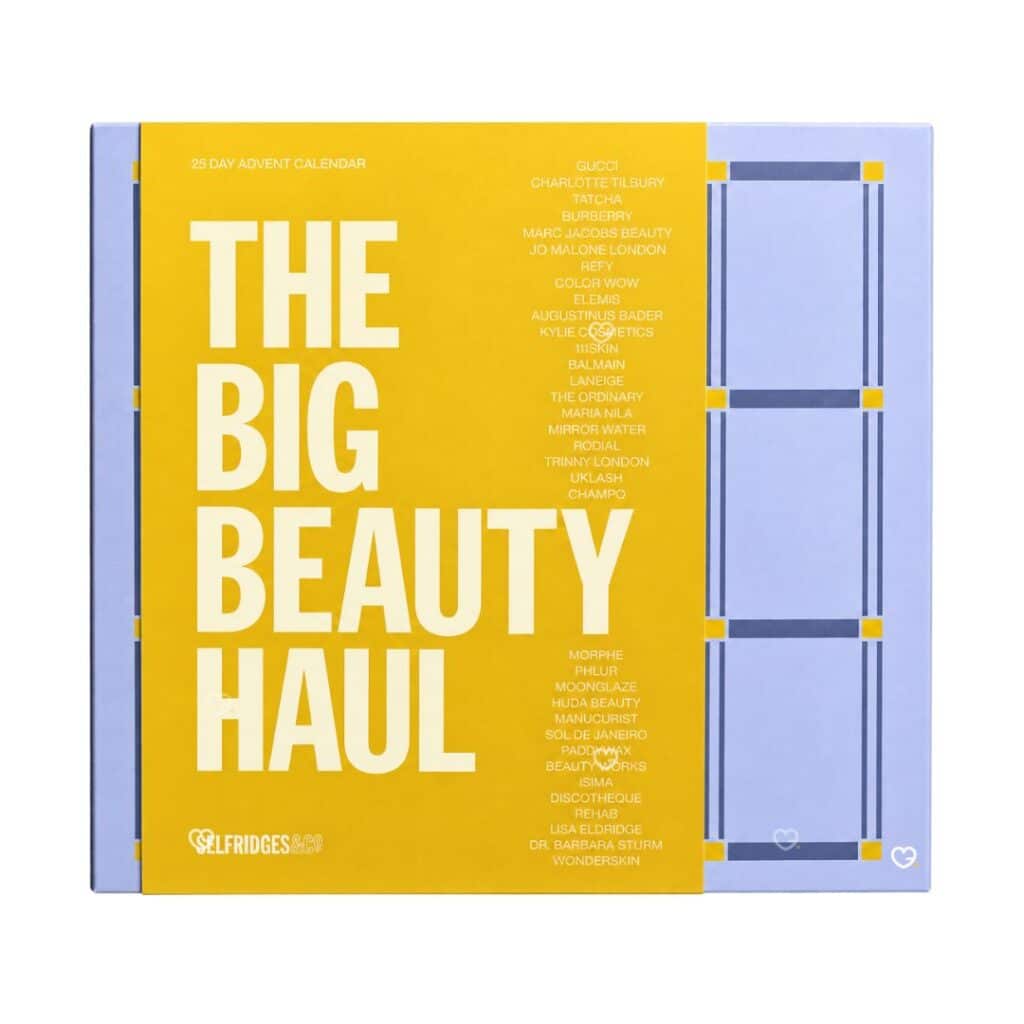 Selfridges Advent Calendar 2026 The Big Beauty Haul yellow box closed, featuring 35 brand names