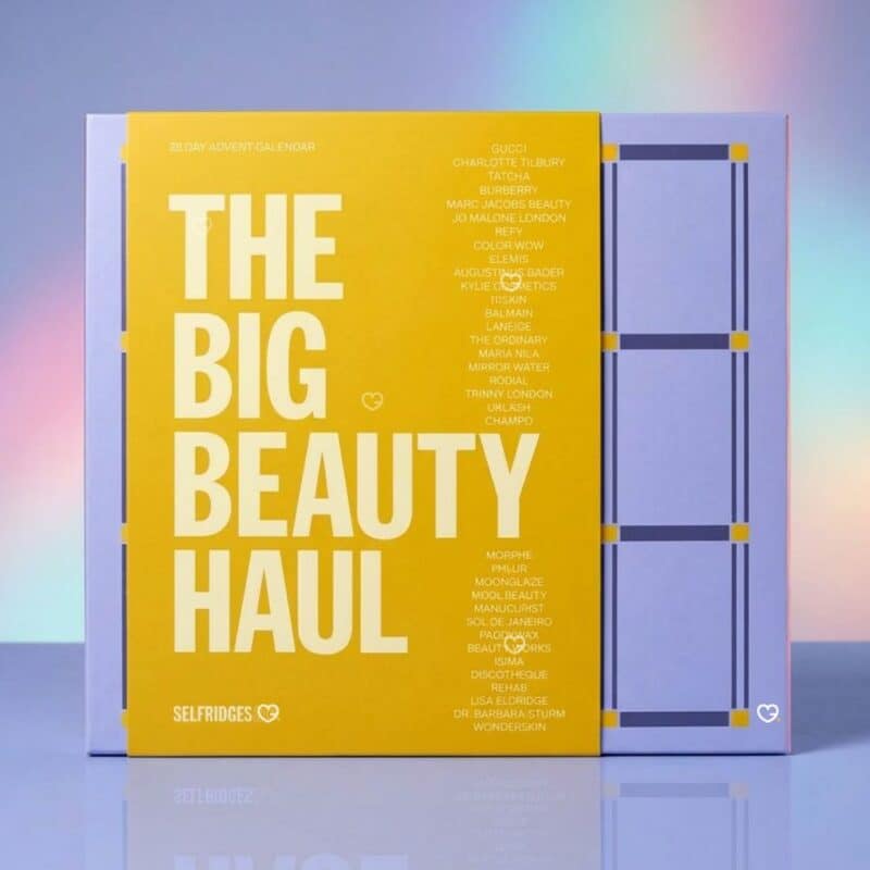 Selfridges 2026 advent calendar yellow box with iridescent background and full brand list