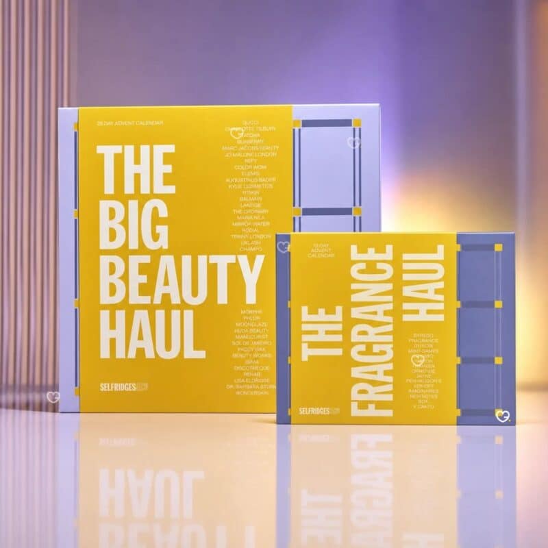 Two Selfridges 2026 advent calendars side by side: the 25-day Big Beauty Haul and the 12-day Fragrance Haul
