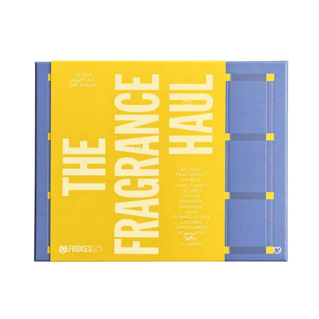 Selfridges Fragrance Advent Calendar 2026, The Fragrance Haul closed yellow and lavender box, front view