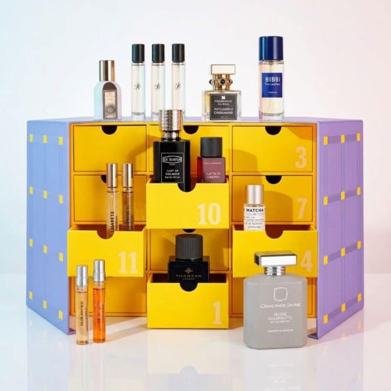 Full contents of the Selfridges Fragrance Advent Calendar 2026, twelve niche perfumes on display