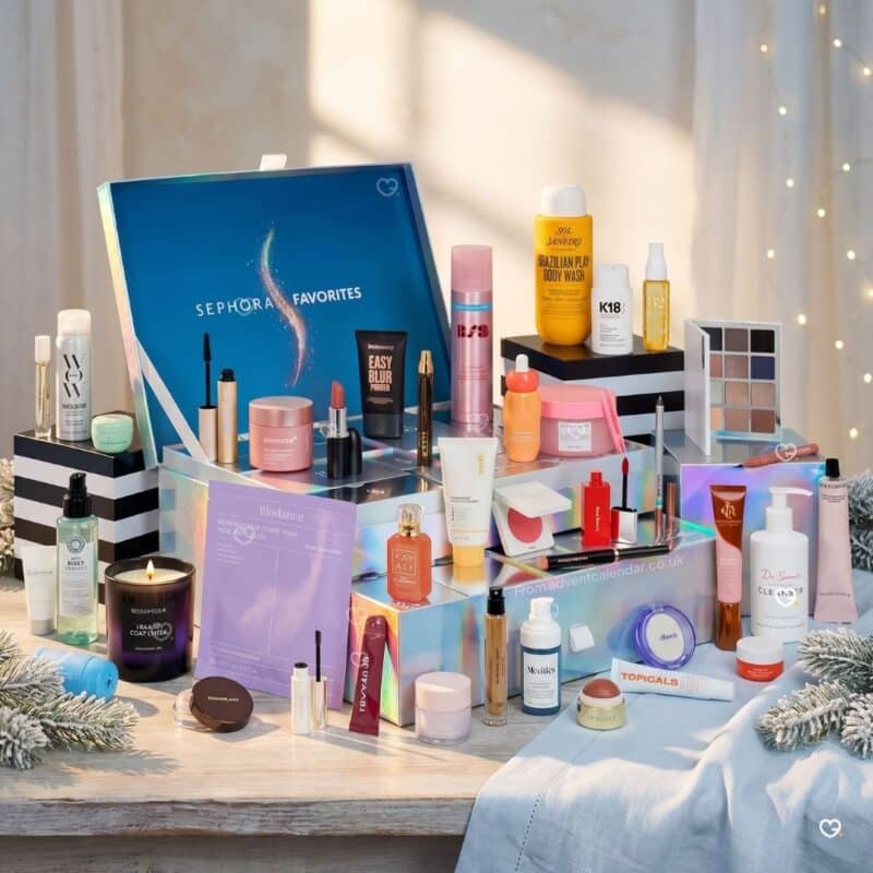 Sephora Favorites Advent Calendar 2026 in a Christmas setting with tree and garland