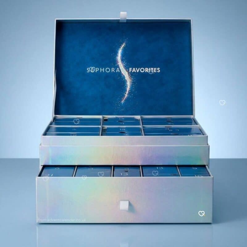 Sephora Favorites Advent Calendar 2026 open with numbered blue drawers, a makeup advent calendar layout