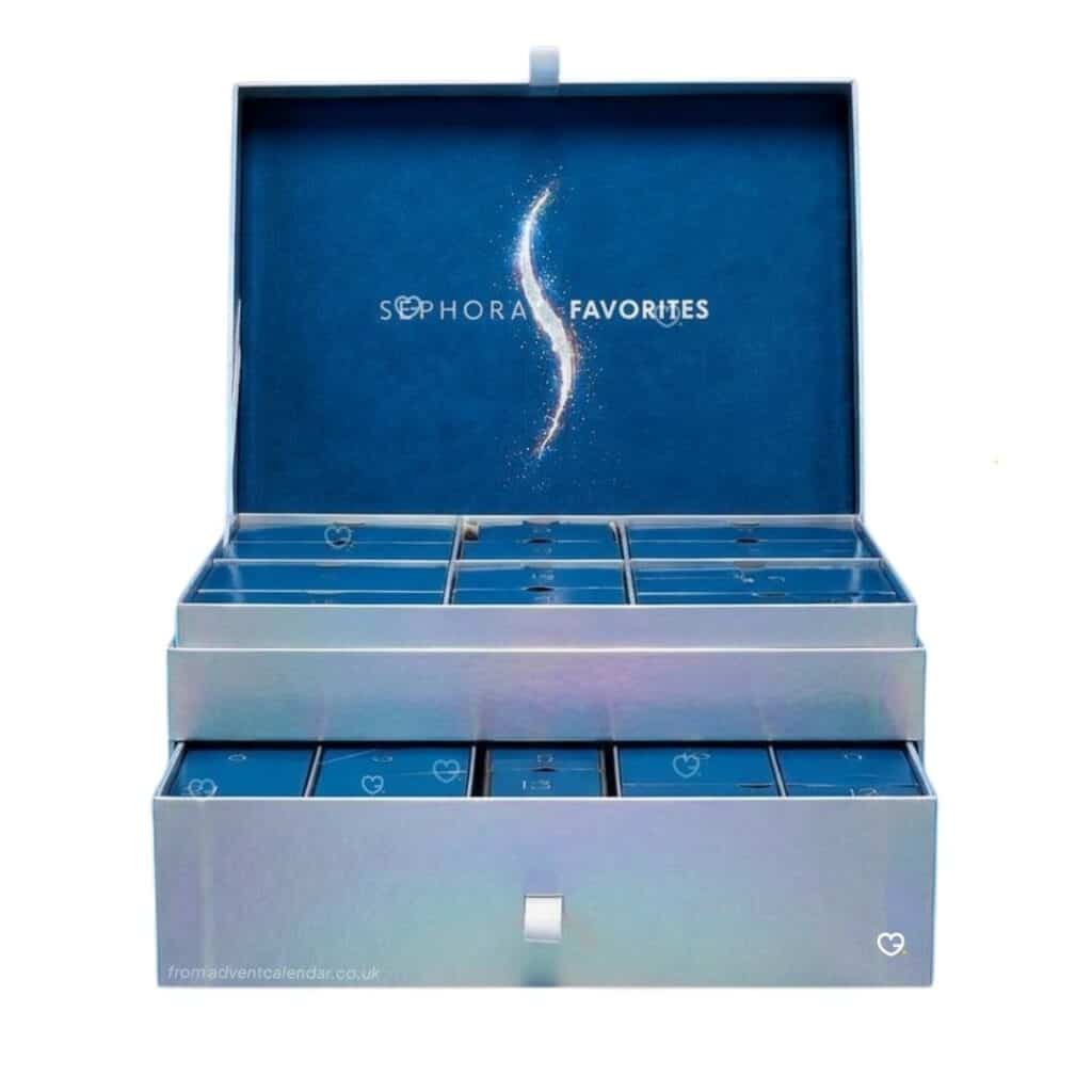 Sephora Favorites Advent Calendar 2026 open box on white showing the silver holographic beauty advent calendar 2026