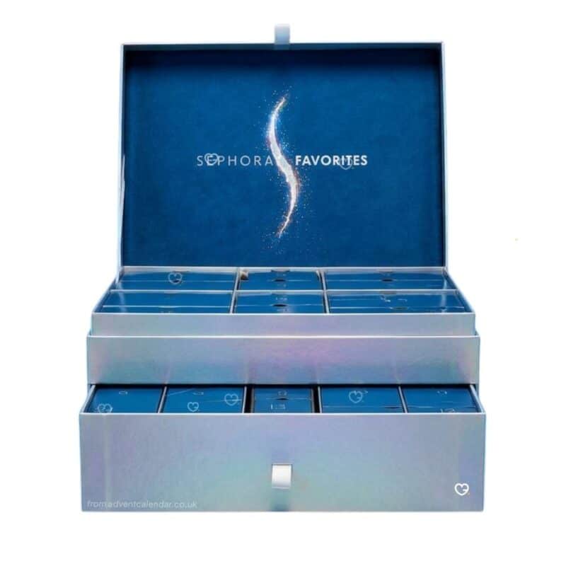 Sephora Favorites Advent Calendar 2026 open box on white showing the silver holographic beauty advent calendar 2026