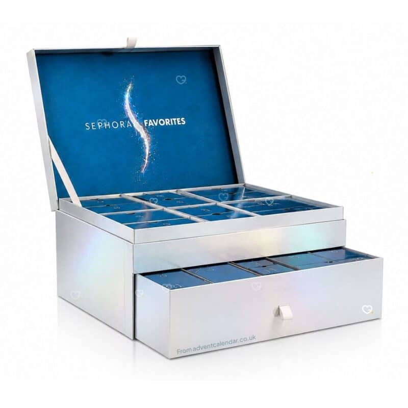 Three-quarter view of the open Sephora Favorites Advent Calendar 2026 silver holographic box