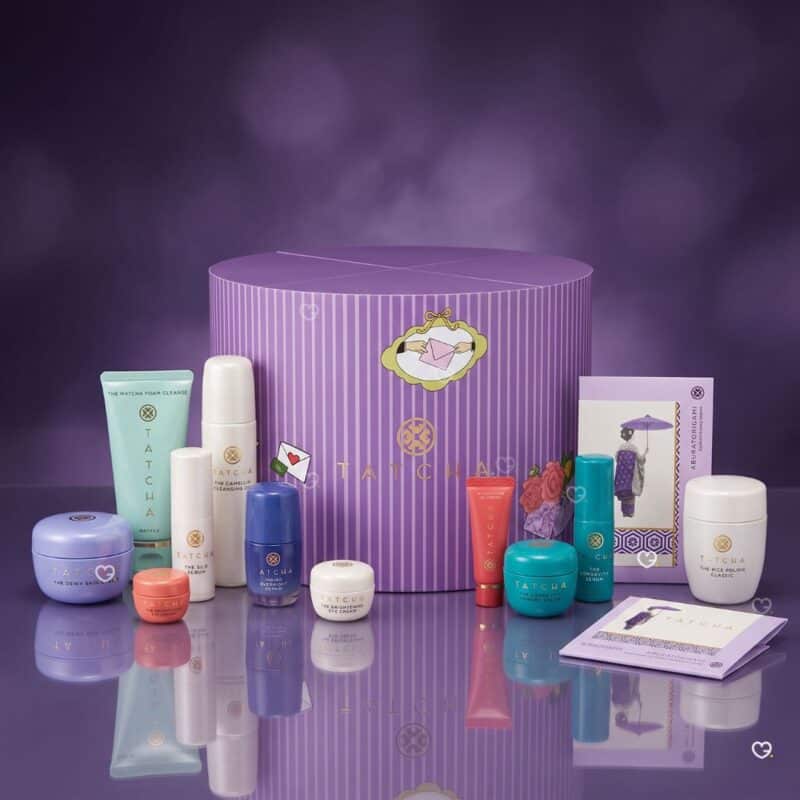 Tatcha Japanese skincare advent calendar 2026 with the full range of minis displayed around the round chest