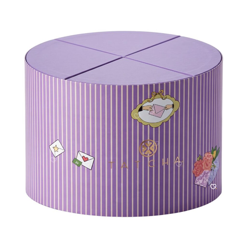 Tatcha '12 Ways to Love Your Skin' advent calendar 2026, the purple round gift chest with gold detailing on a white background