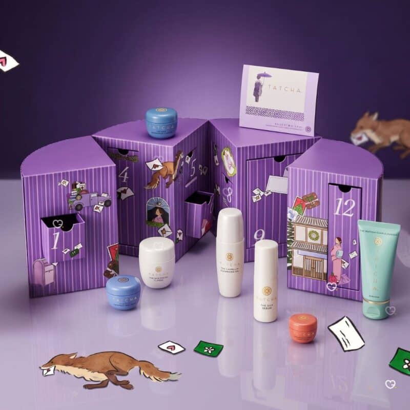 Tatcha luxury beauty advent calendar 2026 chest surrounded by its skincare minis