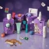 Tatcha skincare advent calendar 2026 open, showing the twelve miniature product drawers inside the purple chest