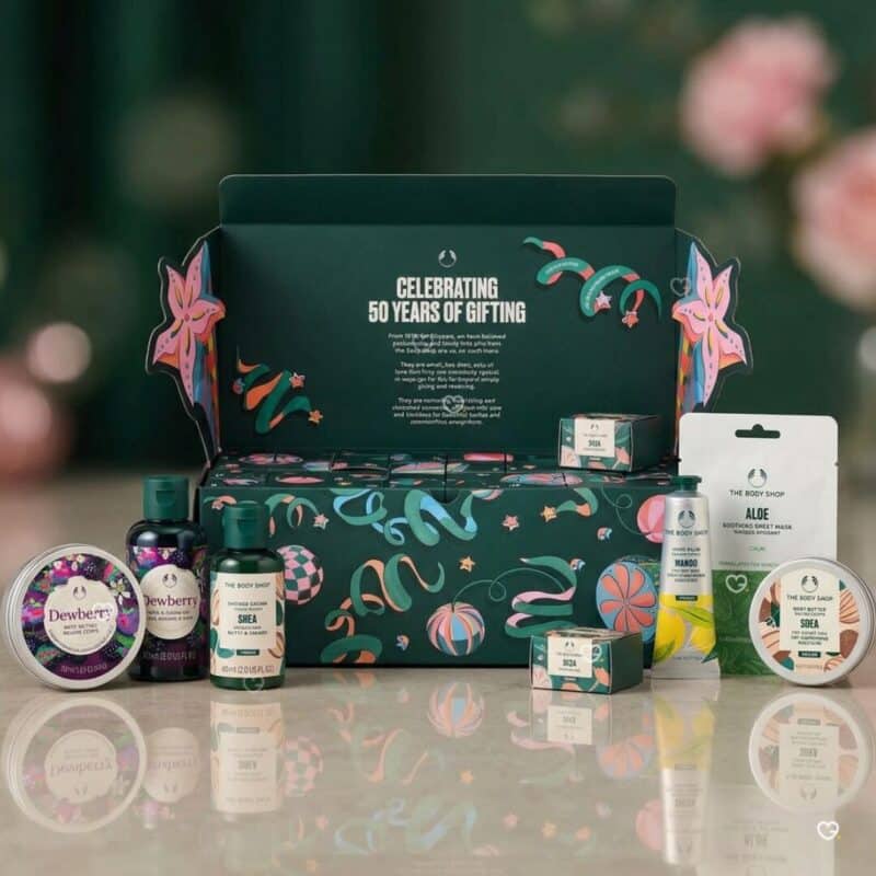 The Body Shop Advent calendar 2026 box with a selection of skincare and body care minis