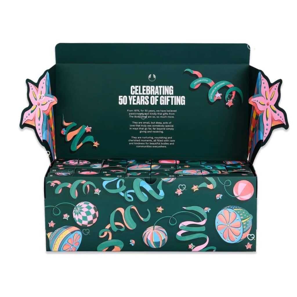 The Body Shop Classic Beauty Advent Calendar 2026 box with 50 years of gifting design