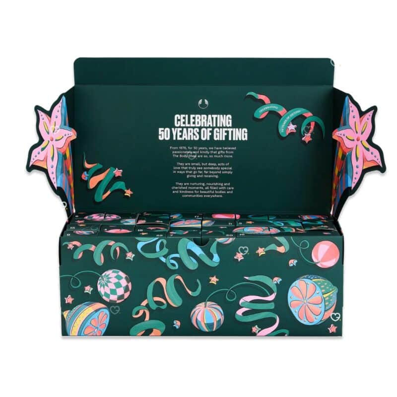 The Body Shop Classic Beauty Advent Calendar 2026 box with 50 years of gifting design