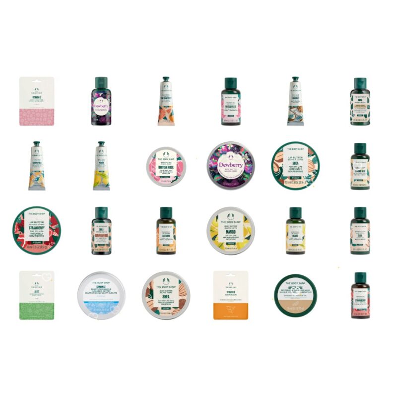 The Body Shop Classic Advent calendar 2026 contents grid of 24 minis