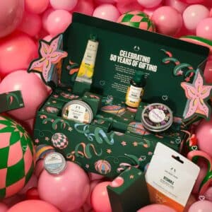 The Body Shop beauty Advent calendar 2026 festive flatlay with baubles