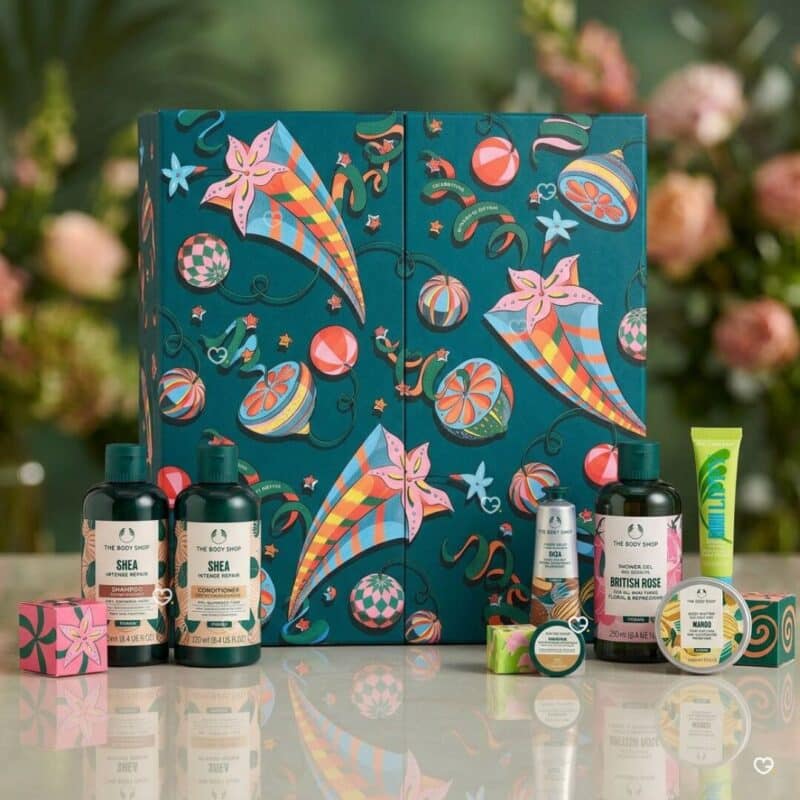 The Body Shop Ultimate Advent Calendar 2026 skincare advent calendar in a festive setting
