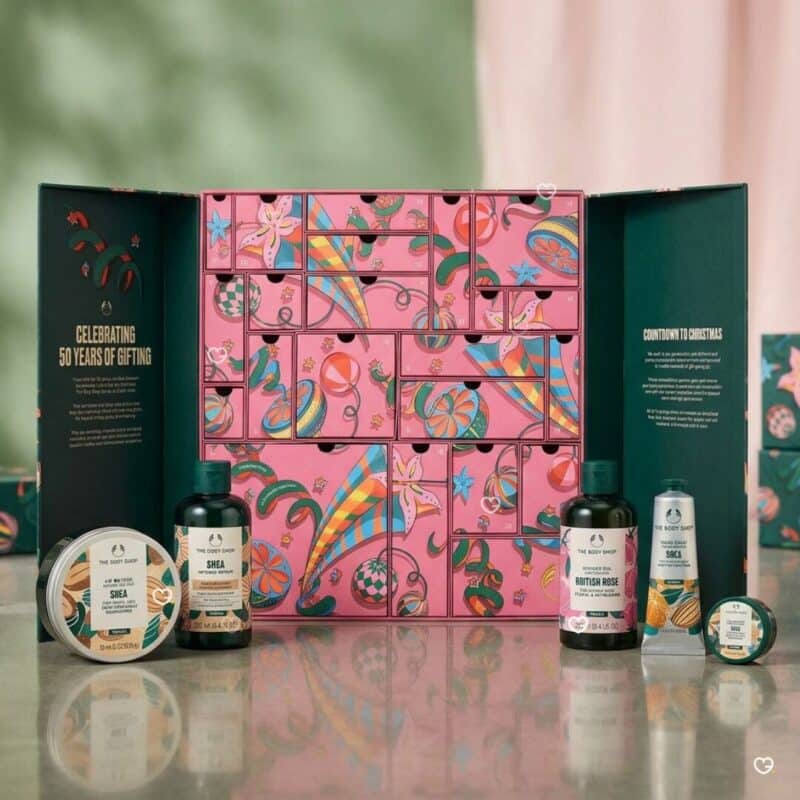 The Body Shop Ultimate Advent Calendar 2026 body care products styled for Christmas
