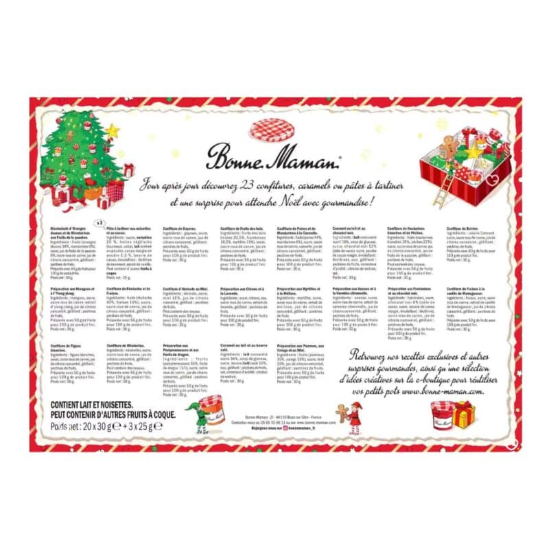 Bonne Maman Advent Calendar 2026 back of box listing all 23 jam, caramel and spread jars