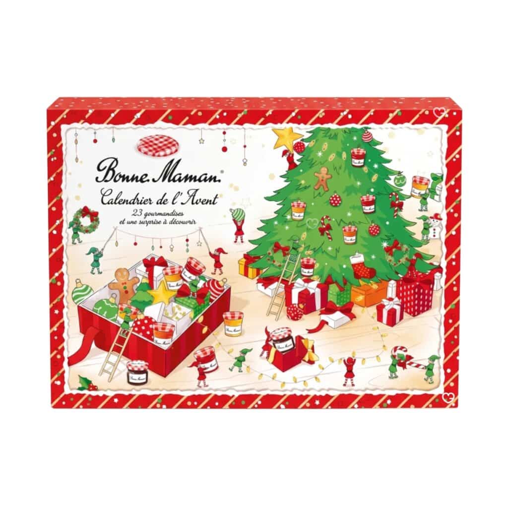 Bonne Maman Advent Calendar 2026 closed triptych box with a Christmas tree illustration on a white background