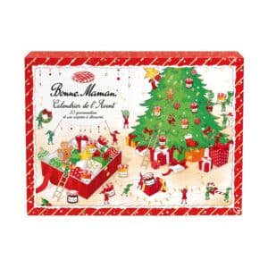 Bonne Maman Advent Calendar 2026 closed triptych box with a Christmas tree illustration on a white background