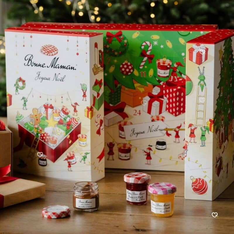 Bonne Maman Advent Calendar 2026 shown closed and open in front of a decorated Christmas tree