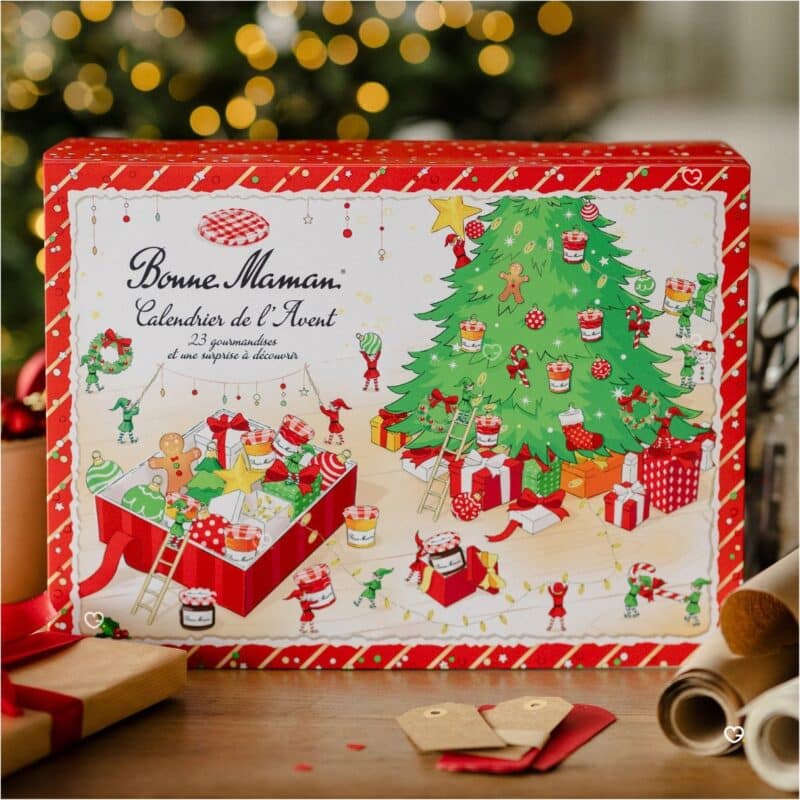 Bonne Maman Advent Calendar 2026 box in a festive gift setting for the countdown to Christmas