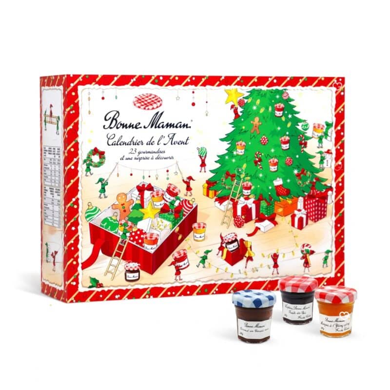 Bonne Maman Advent Calendar 2026 closed box beside three miniature jam jars in a studio shot